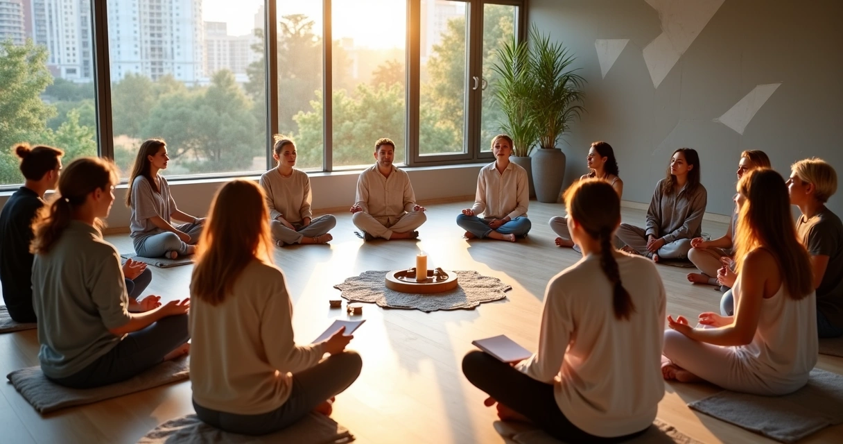 Diverse group in a circle practicing mindful community integration 