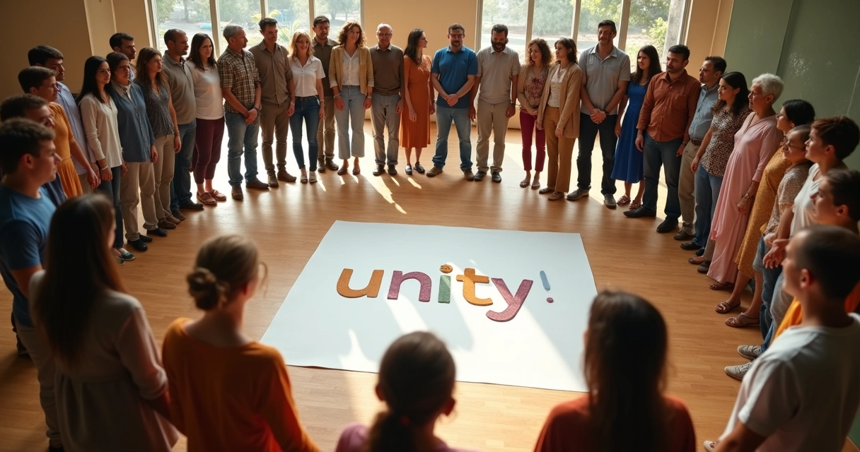 People standing in a circle, holding hands, with a word like 'unity' written at the center 
