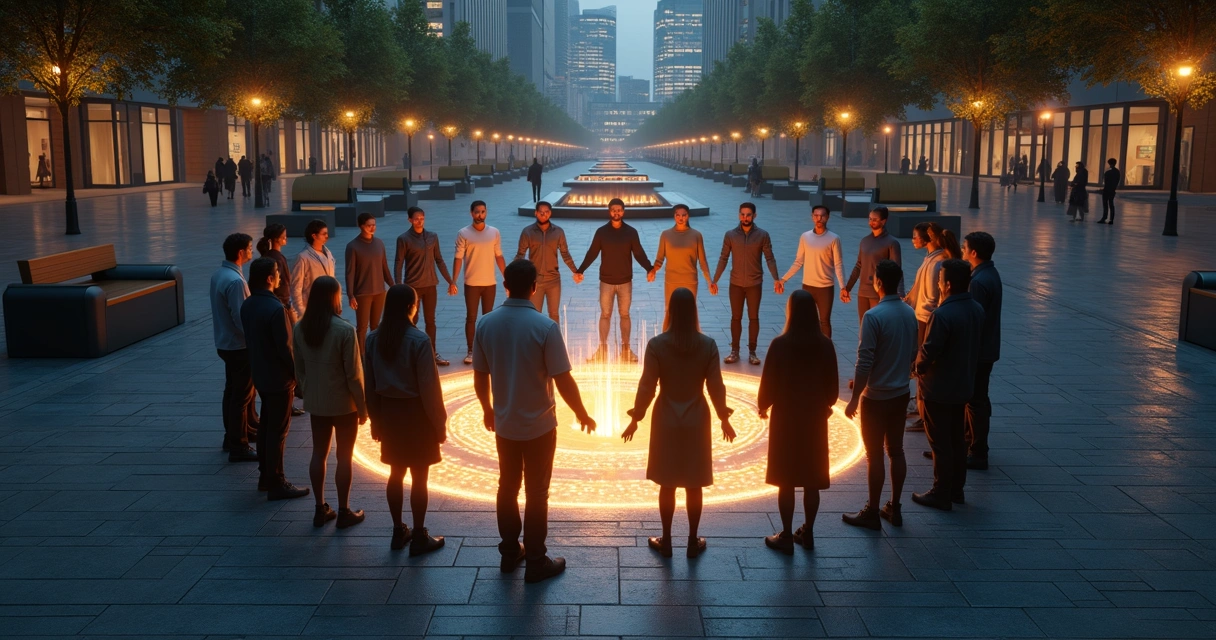 People standing in a nighttime city square forming a glowing circle of light 
