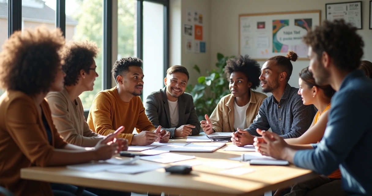 Diverse group of community leaders in discussion around a table 