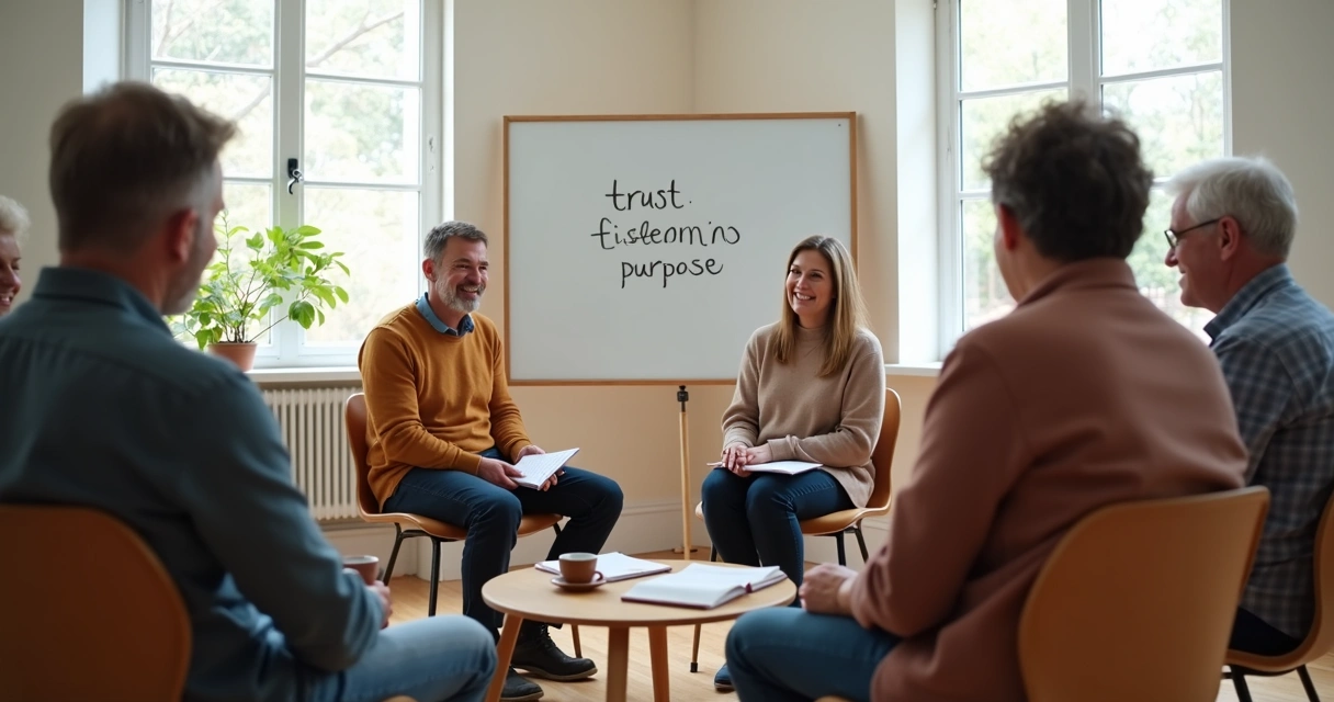 Small leadership circle in a community room during a reflective meeting
