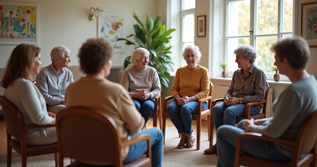 People in a community listening circle in a bright room