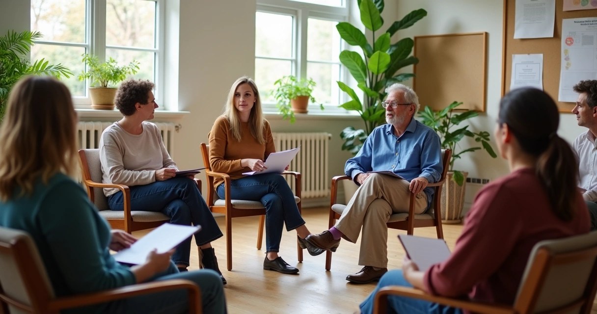 Small community meeting with diverse adults in a circle