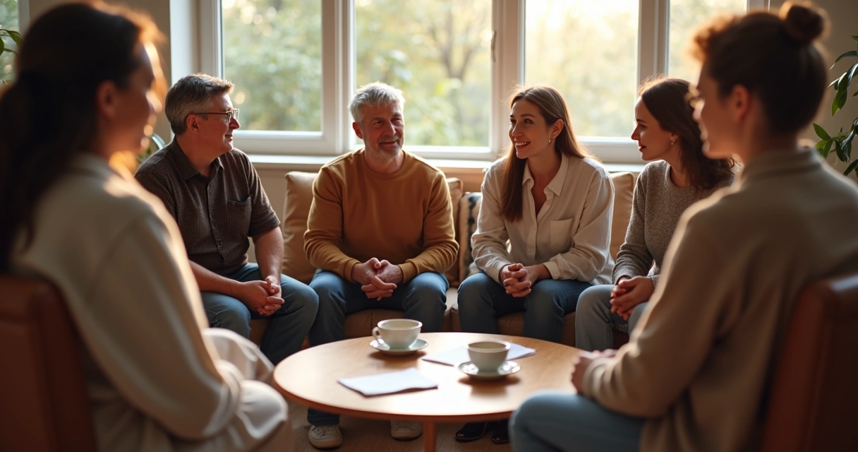 Community members in a circle, discussing, sharing, and healing 