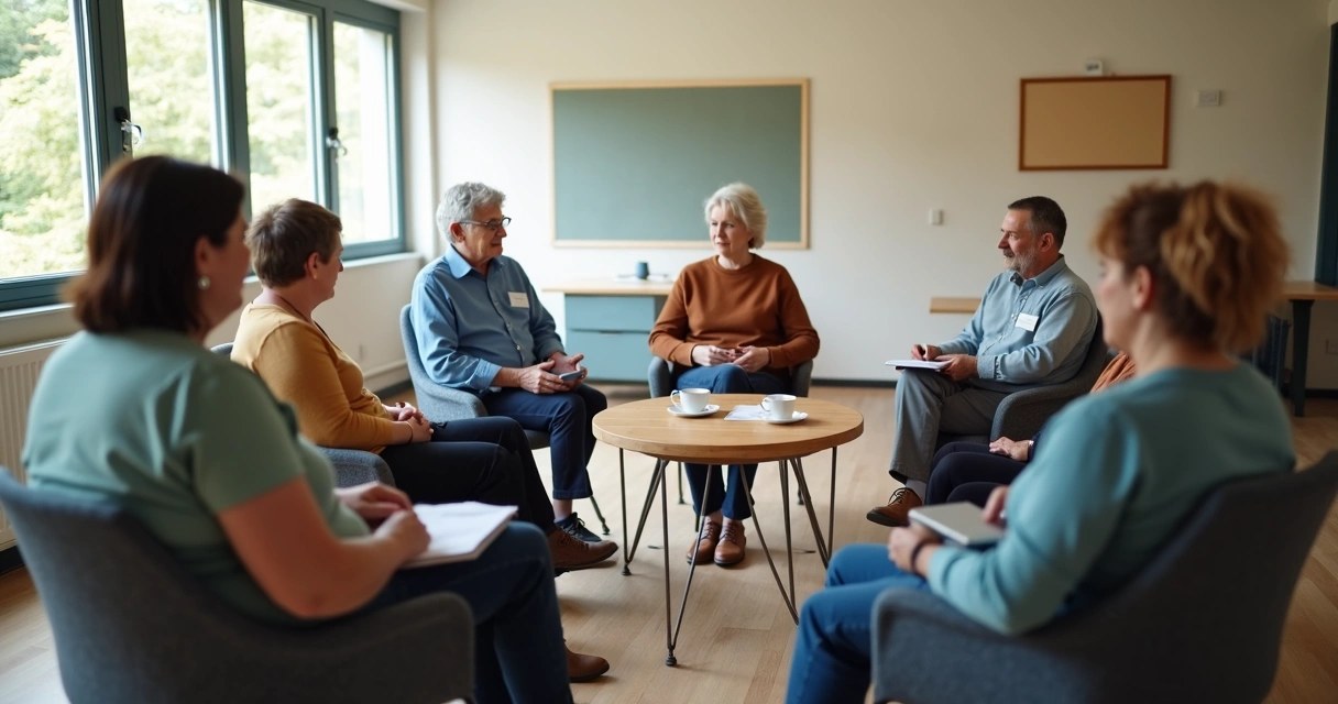 Volunteers in a community meeting listening and supporting each other