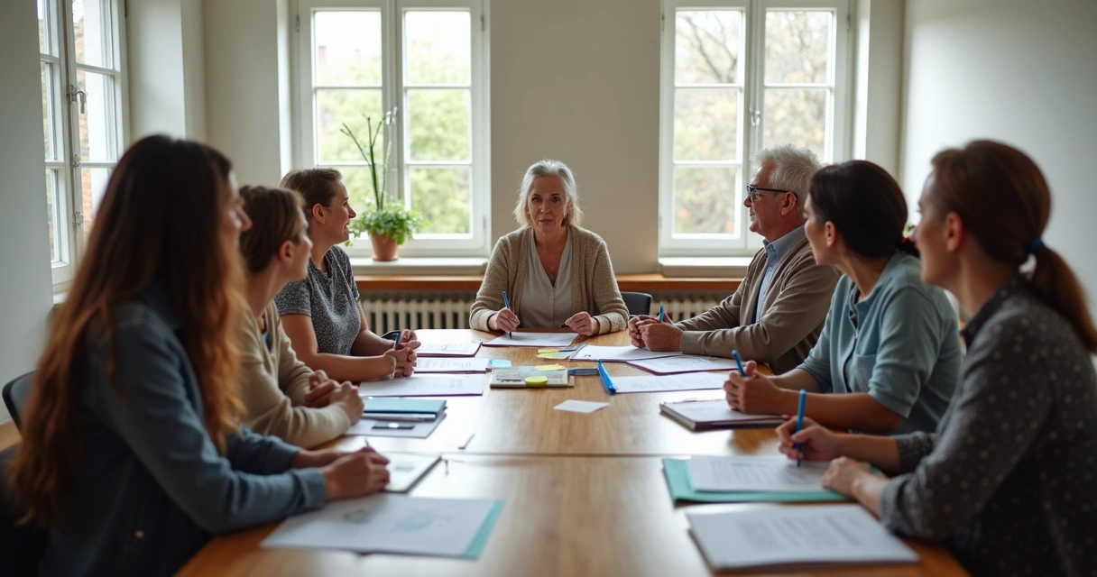 Community members and staff in a meeting room reviewing plans together