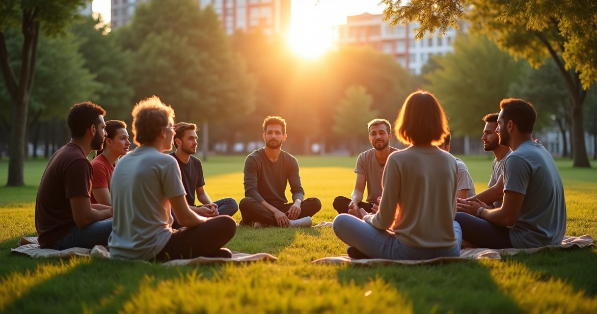 Diverse group sitting in outdoor circle with subtle light linking them 