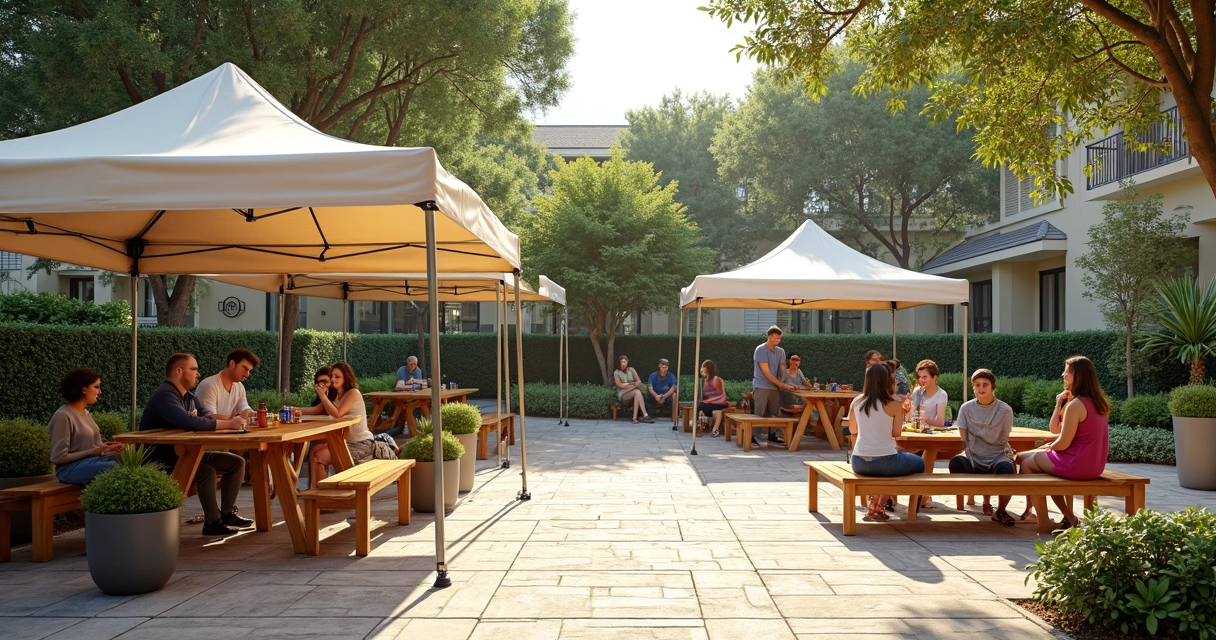 Temporary pop-up park with tents and benches on patio 