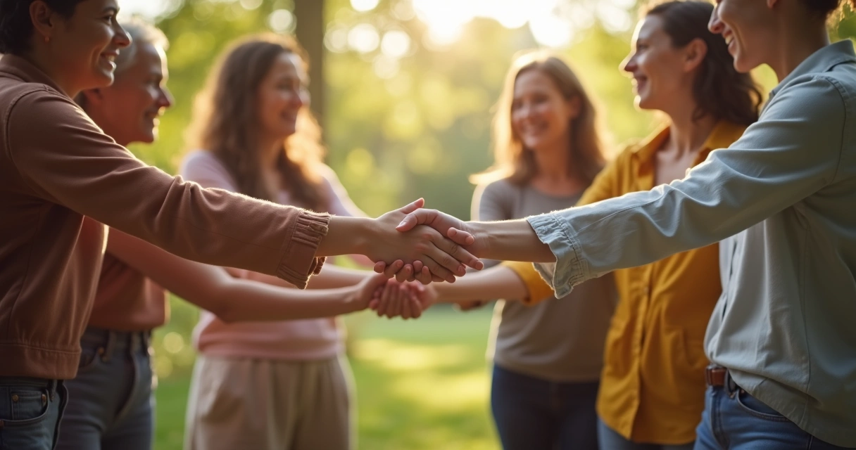 Community group gently holding hands in a circle for a shared ritual