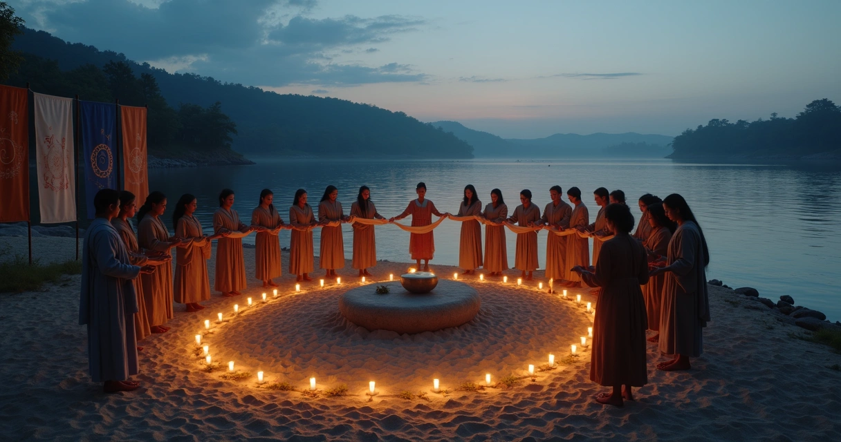 Community forming a ritual circle by a river at dusk with candles and fabric banners 