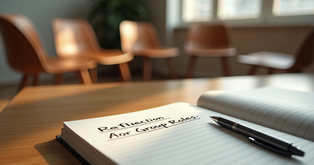 Notebook with community role notes beside a circle of empty chairs 