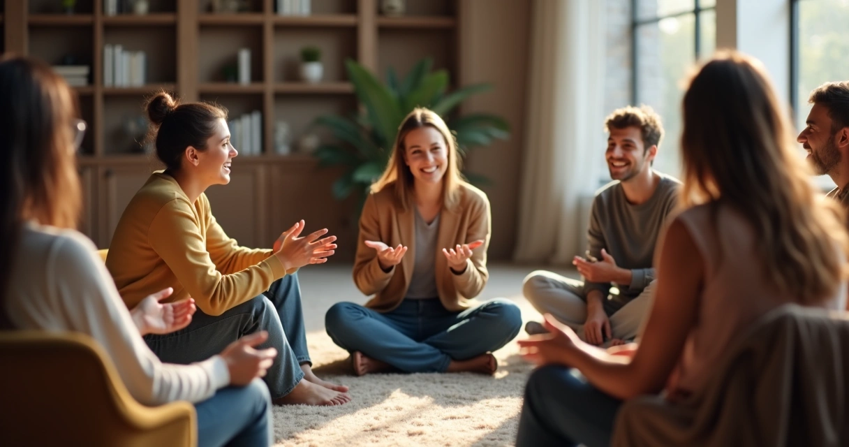People sitting in a circle sharing stories with open body language 