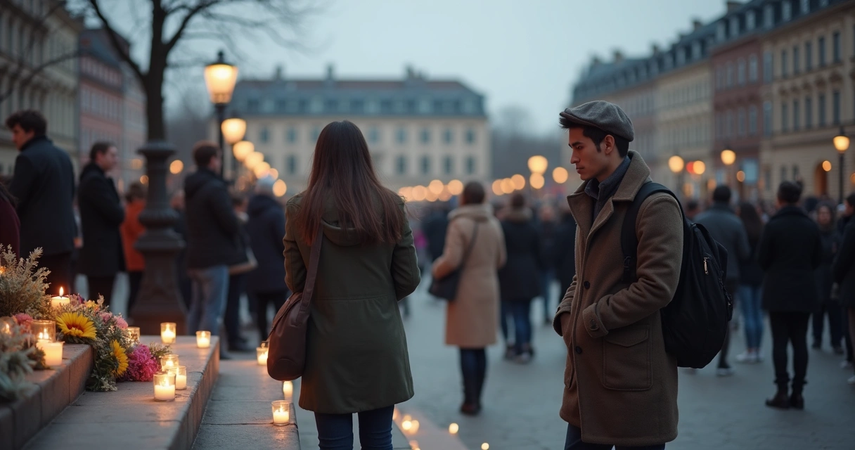 People gathered quietly in a city square after a public tragedy 