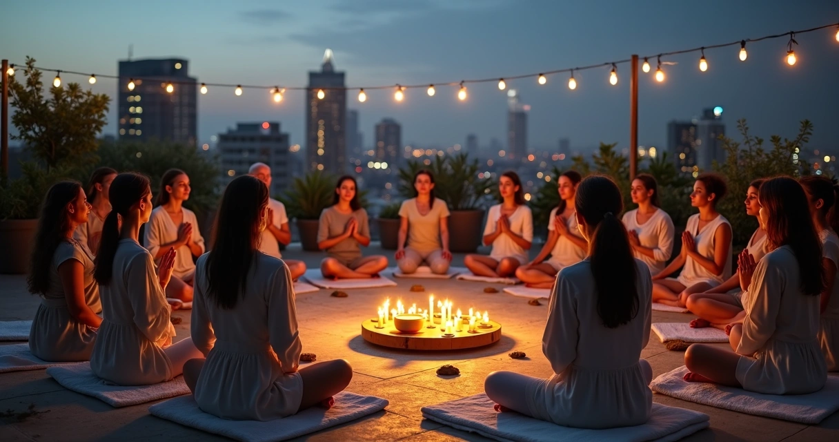Diverse group in candlelit nighttime circle during a spiritual ritual 