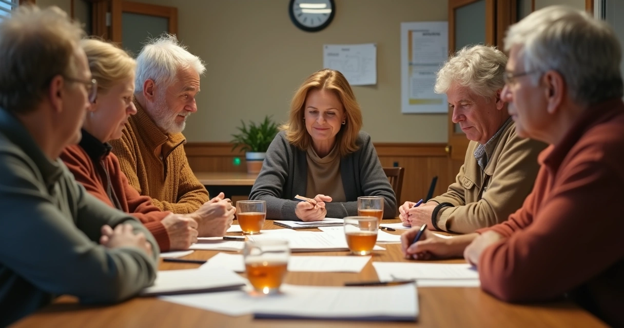 Community members talking calmly around a table 