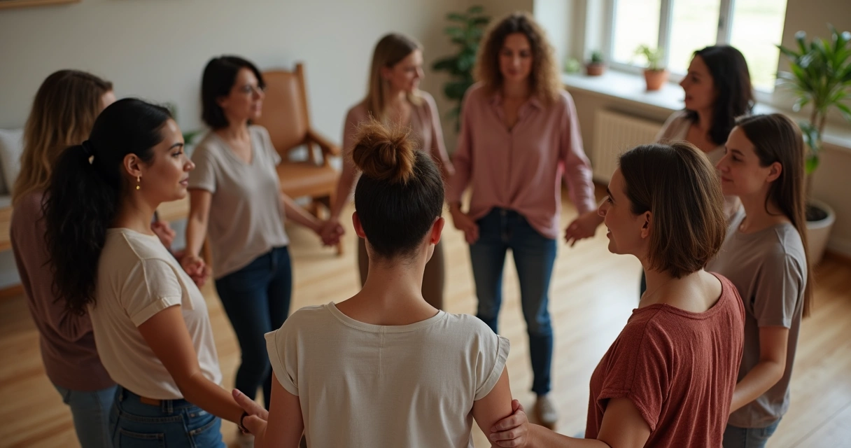 People standing in a circle holding hands in support group 