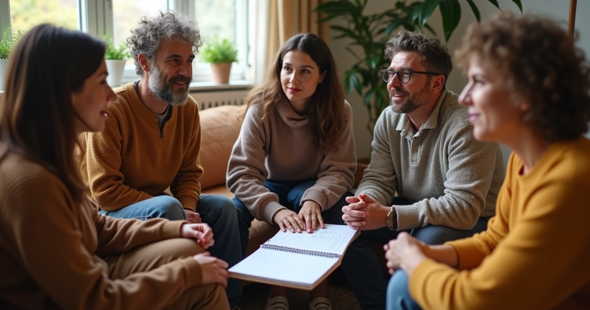 Small, diverse group in a circle sharing stories in a comfortable, supportive environment.