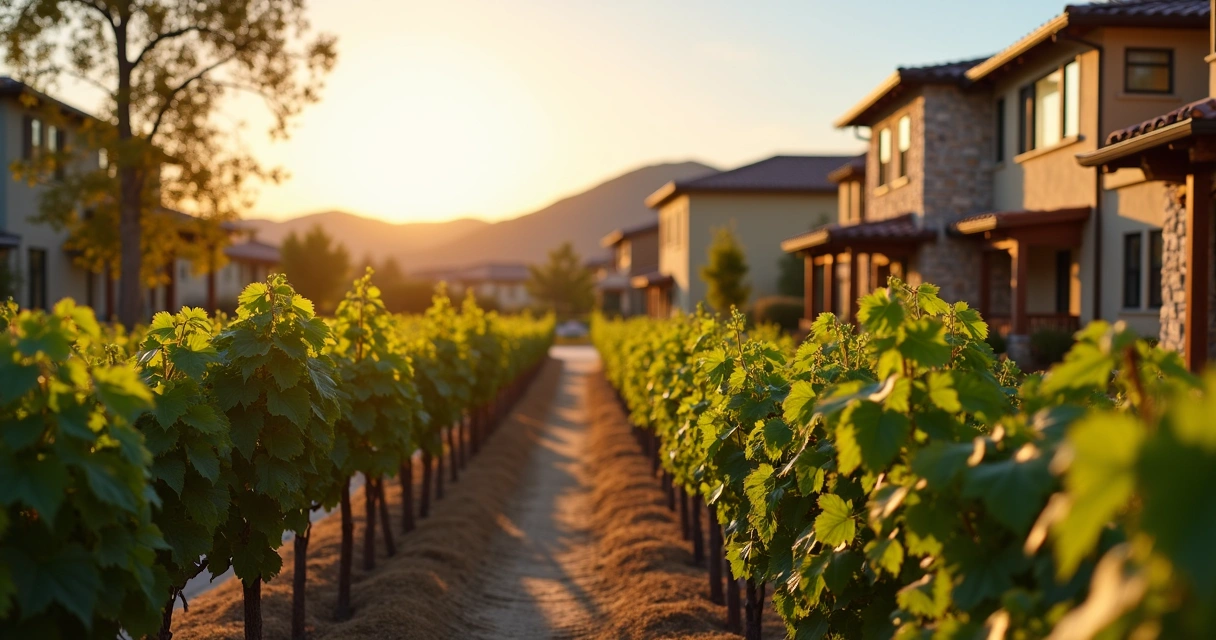 Small community vineyard between homes at sunset 