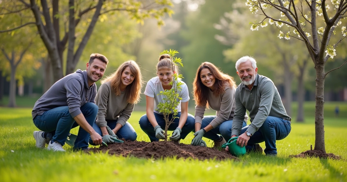 Group of people planting trees together in a park
