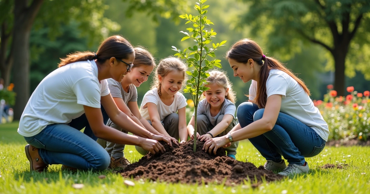 Group of people volunteering together, planting trees in a park on a sunny day