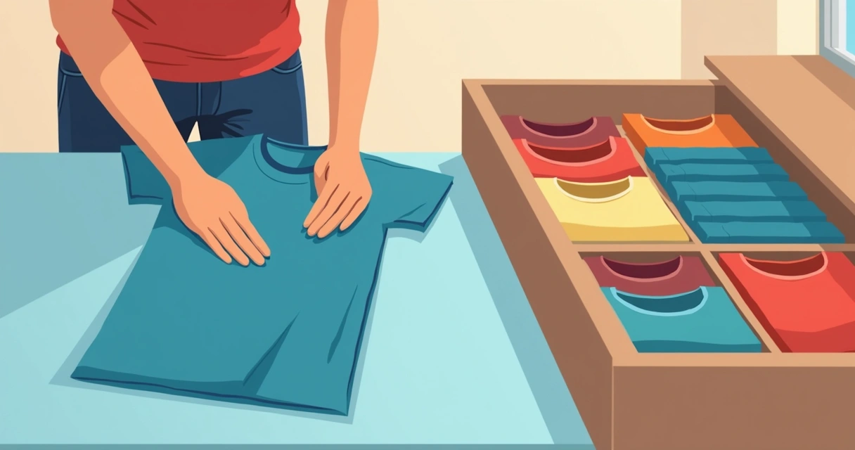 Homem dobrando camiseta masculina de viscolycra em cima da cama ao lado de gavetas abertas com roupas coloridas dobradas