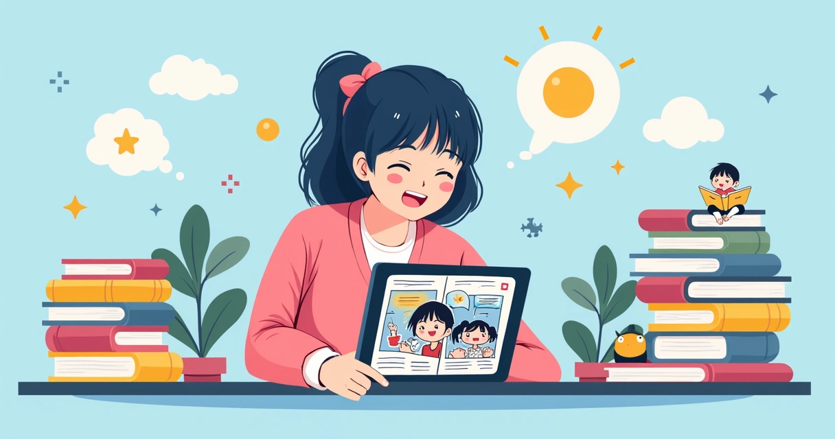 Pessoa lendo romance japonês ilustrado em tablet e livros 