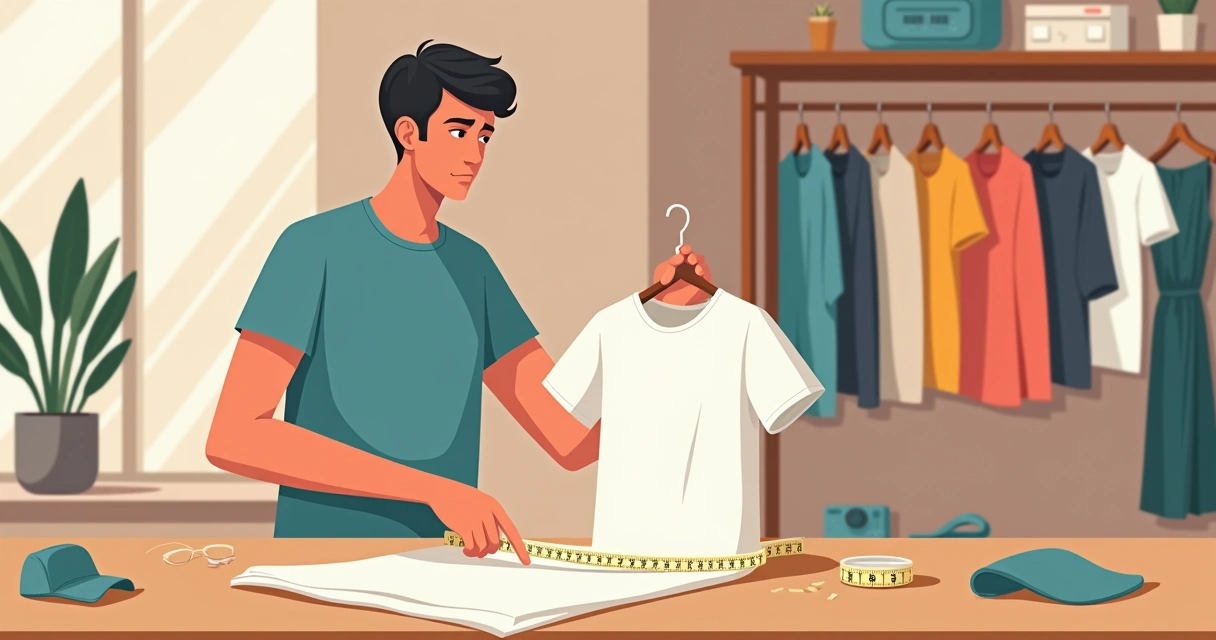 Pessoa medindo camiseta com fita métrica 