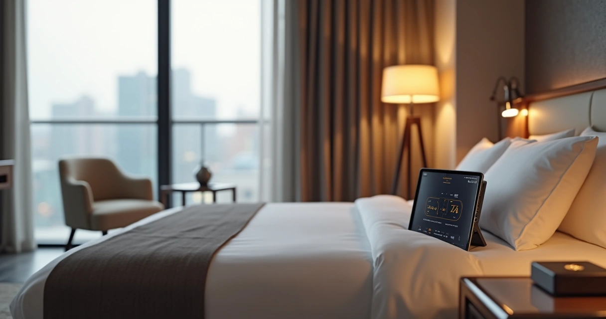 Quarto de hotel com automação digital e controles em tablet 