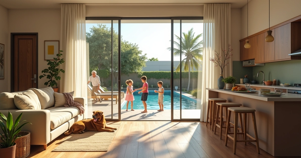 Família desfrutando de comodidades em casa de temporada 