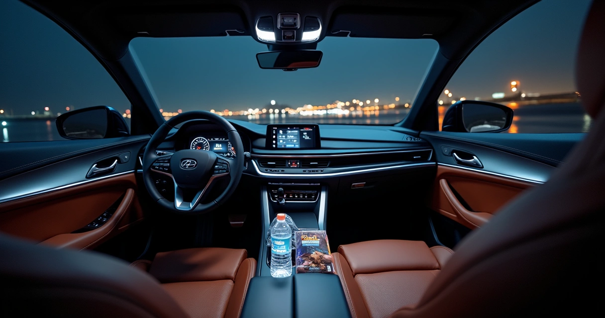 Interior de carro executivo com comodidades, como água e revistas, à noite 