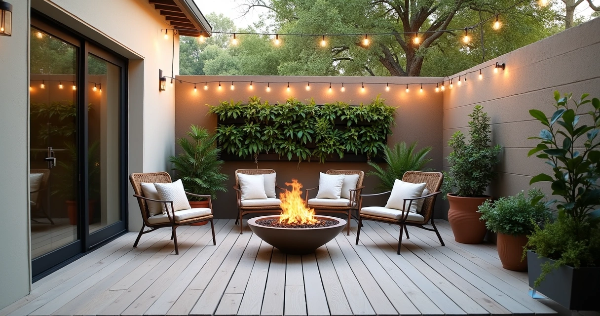 Compact outdoor patio with foldable chairs, small fire bowl, and wall-mounted garden