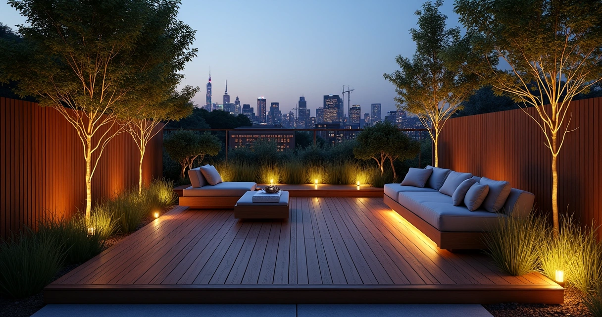 Compact wooden deck with night lighting and city skyline 