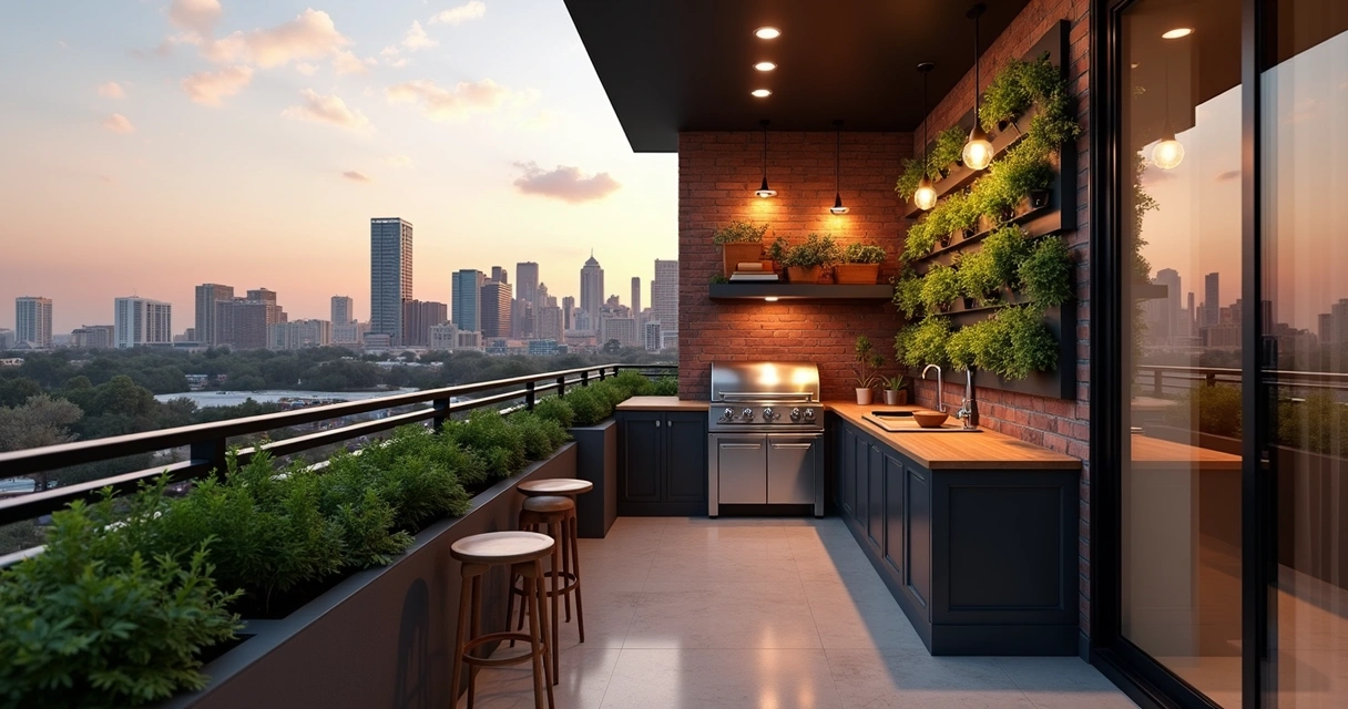 Compact balcony gourmet kitchen with modern built-in grill