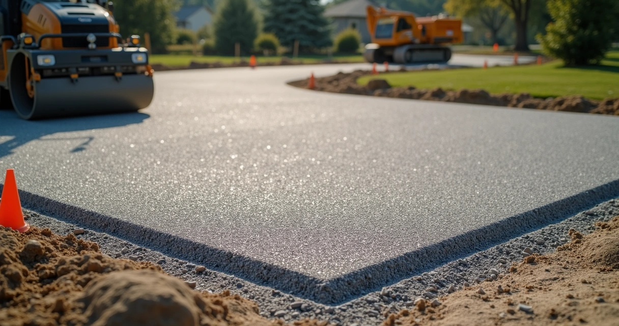 Compacted gravel base for concrete driveway, tamped smooth and ready for pouring.