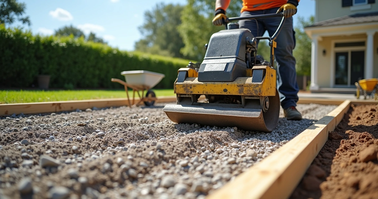 Worker operating plate compactor on compacted soil base for patio installation under clear sky 