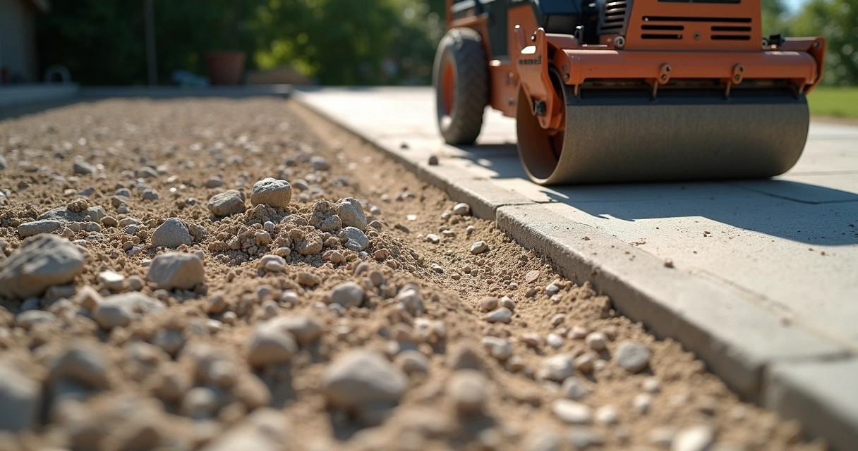 Worker compacting stone base layer for patio installation