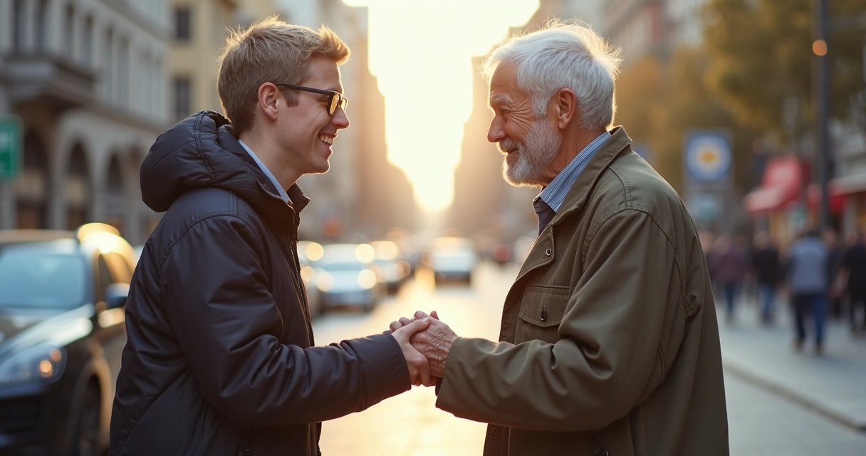 Pessoa jovem oferecendo ajuda a um idoso de cultura diferente em uma rua movimentada 