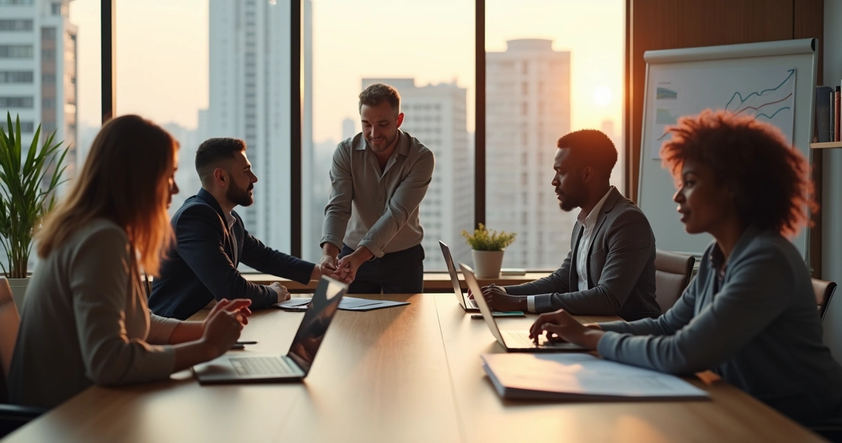 Líder acolhendo colega em reunião de equipe de alta performance 