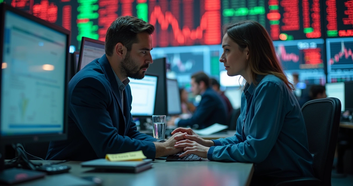 Gestos de apoio entre colegas em ambiente de bolsa de valores 