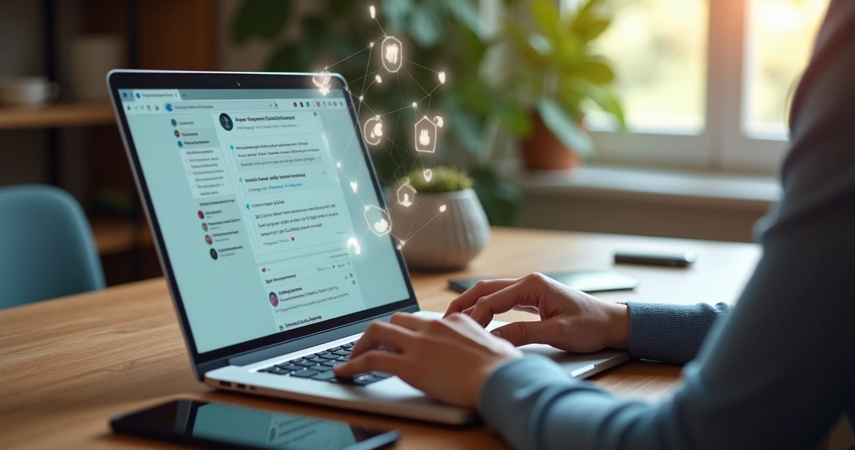 Pessoa usando notebook em rede social com ícones de corações e empatia ao redor 