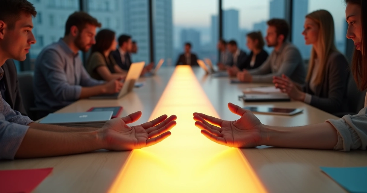 Duas pessoas em lados opostos de uma mesa longa conectadas por faixa luminosa no centro 
