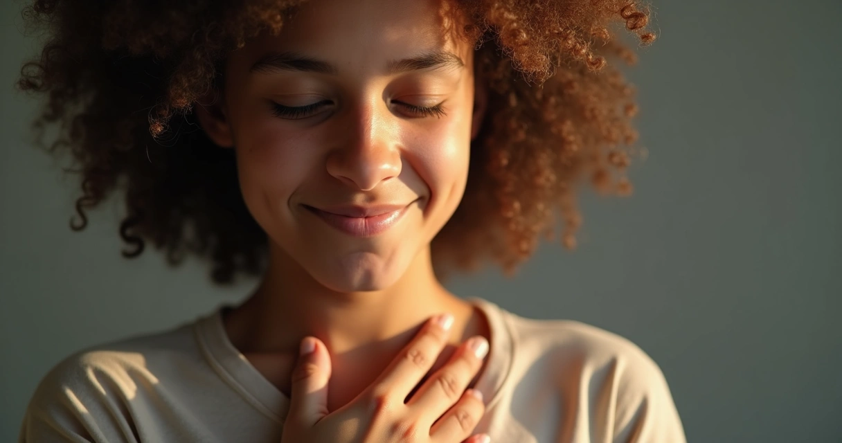 Pessoa com olhos fechados, mão sobre o peito, expressão de serenidade. 