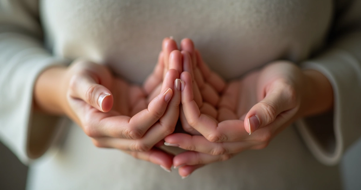 Mãos apoiando o próprio peito em gesto de autocuidado 