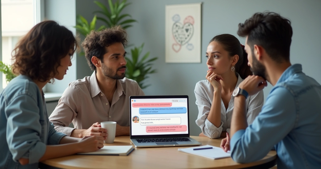 Grupo diverso em mesa redonda olhando para notebook com conversa tensa e gestos de acolhimento 