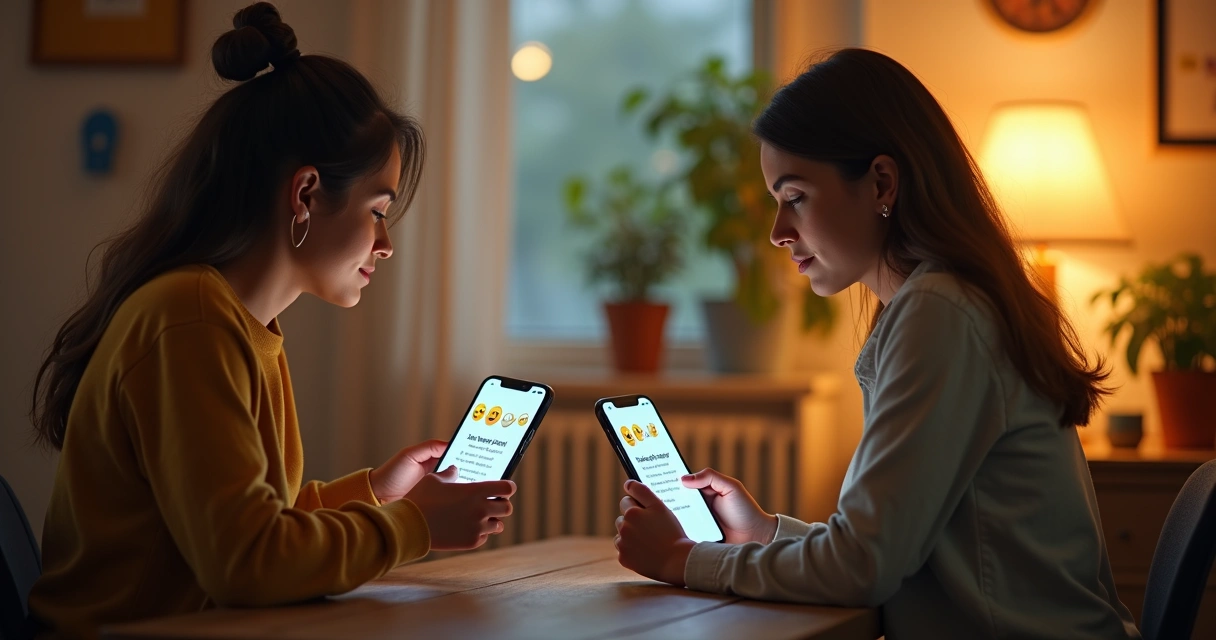 Duas pessoas enviando mensagens gentis em celulares 