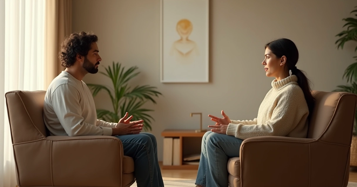 Duas pessoas sentadas de frente em uma conversa profunda com gesto de apoio e escuta atenta 