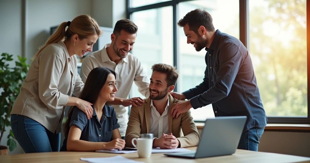 Equipe de trabalho reunida oferecendo apoio mútuo num escritório moderno 