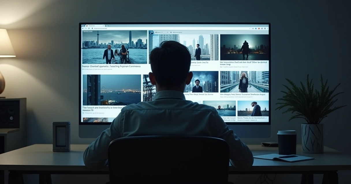 Pessoa olhando tela de computador com várias notícias mundiais na tela e expressão de cansaço.