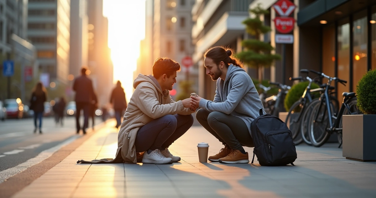Pessoa ajudando outra em rua movimentada de grande cidade 