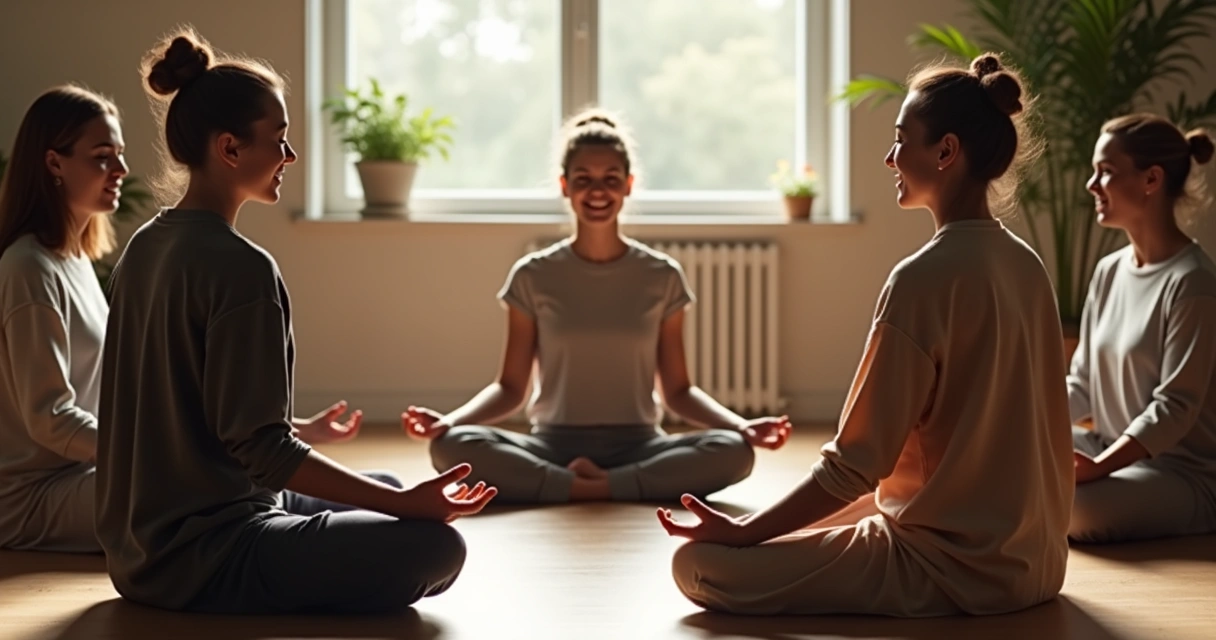 Participantes sentados em roda praticando compaixão após uma sessão de meditação, ambiente sereno 